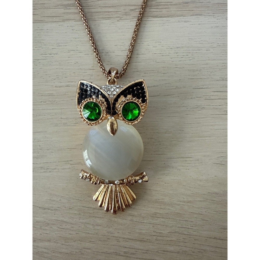 Owl Pendant Necklace Green Gemstone Eyes White Belly Rhinestone 32"